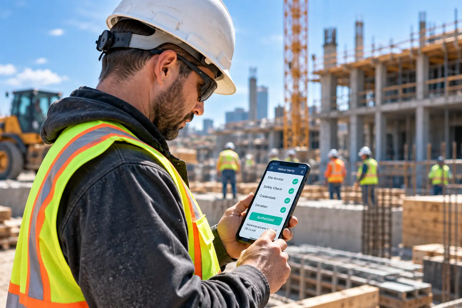 Construction worker using a mobile device at an active jobsite