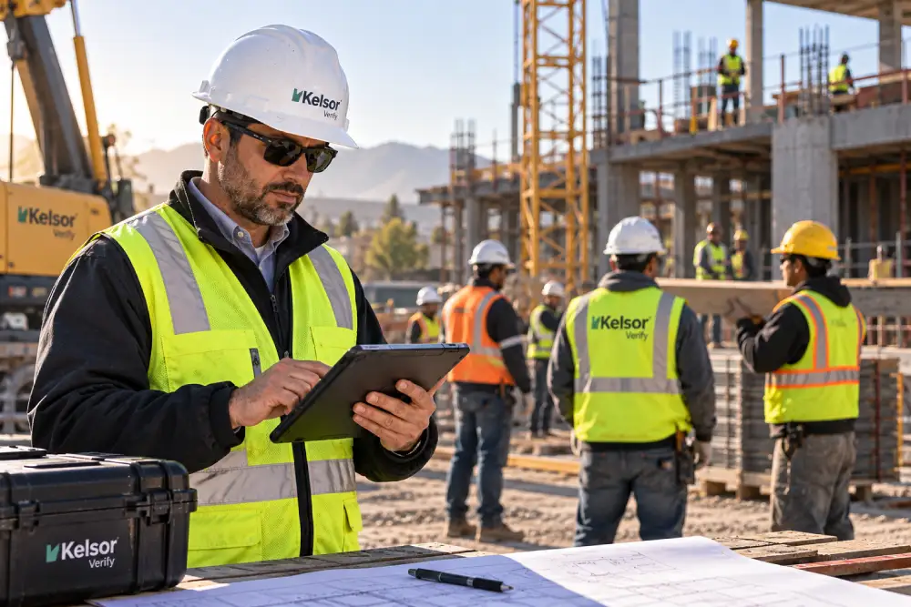 Construction supervisor coordinating workers at an active jobsite