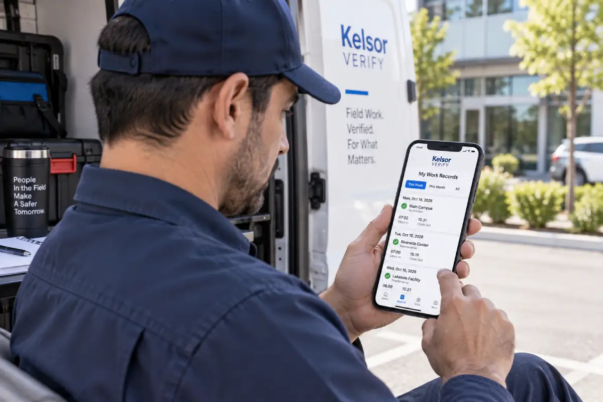 Field employee reviewing attendance and work records in Kelsor Verify