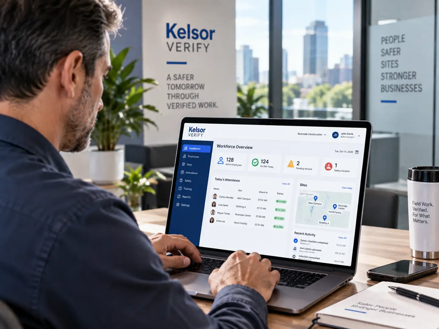 Operations administrator reviewing Kelsor Verify workforce data in a secure business environment