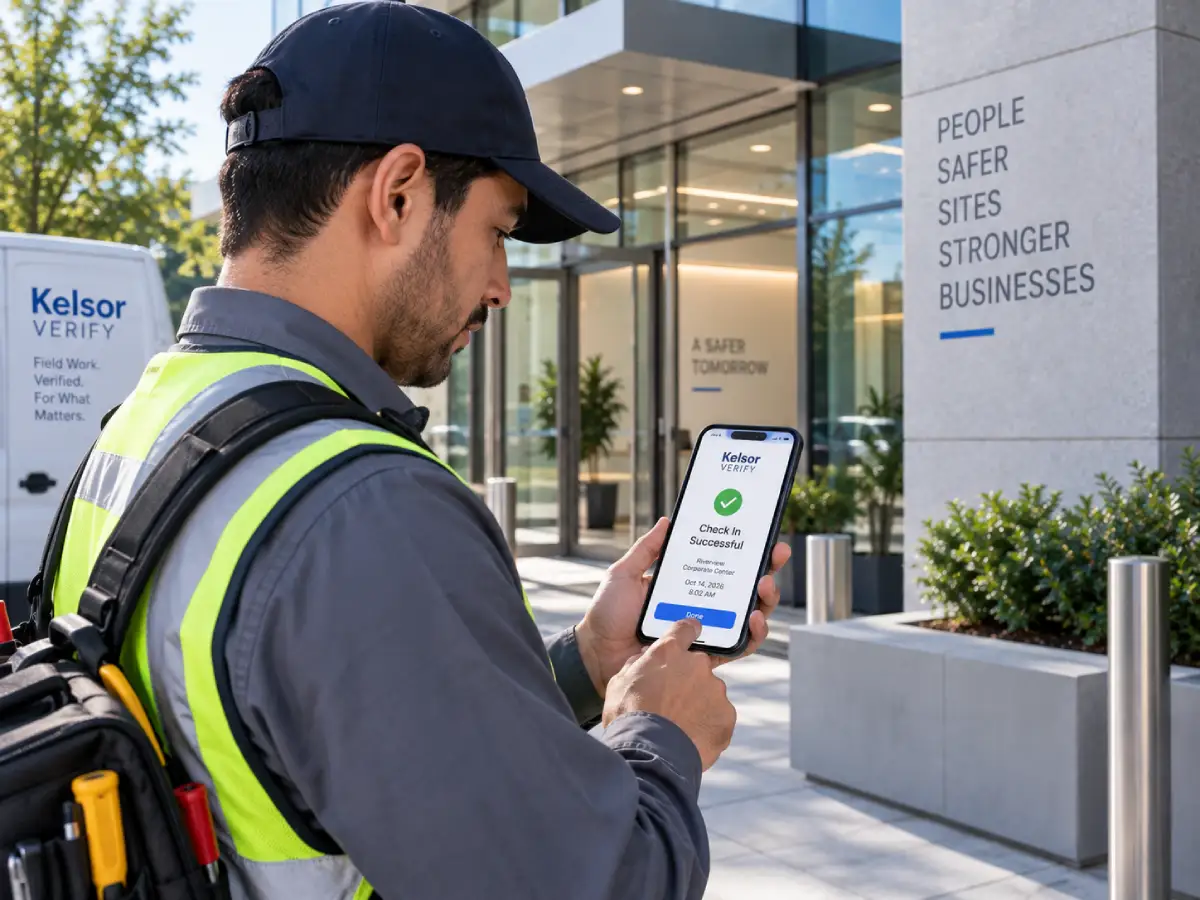 Field employee using Kelsor Verify at a worksite with privacy-conscious workforce verification