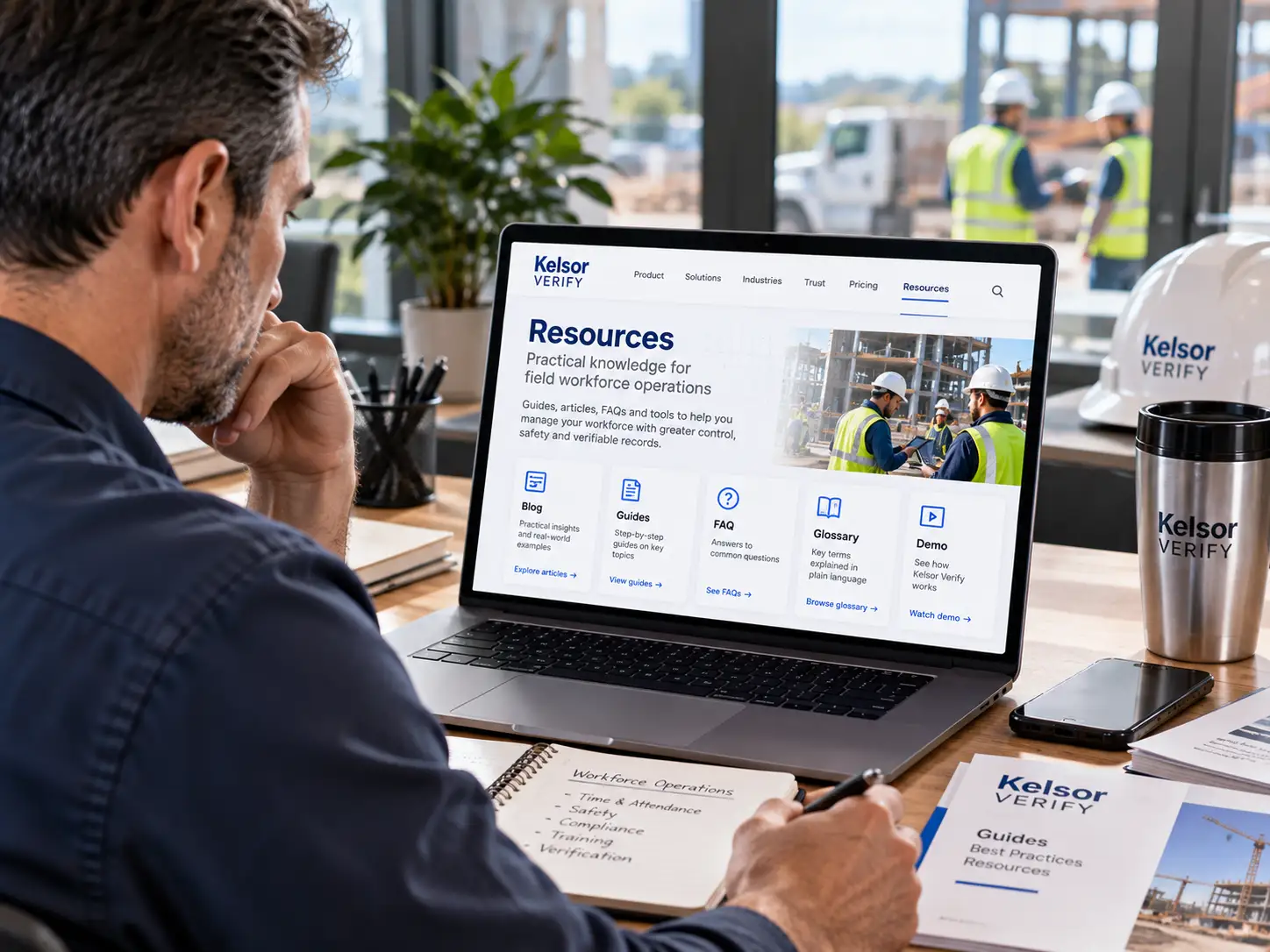 Operations manager reviewing field workforce guidance and Kelsor Verify resources