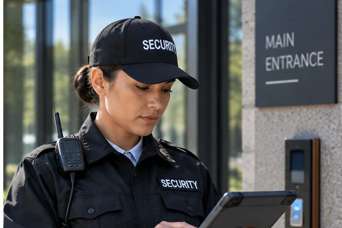 Private security guard using a mobile device at an assigned worksite