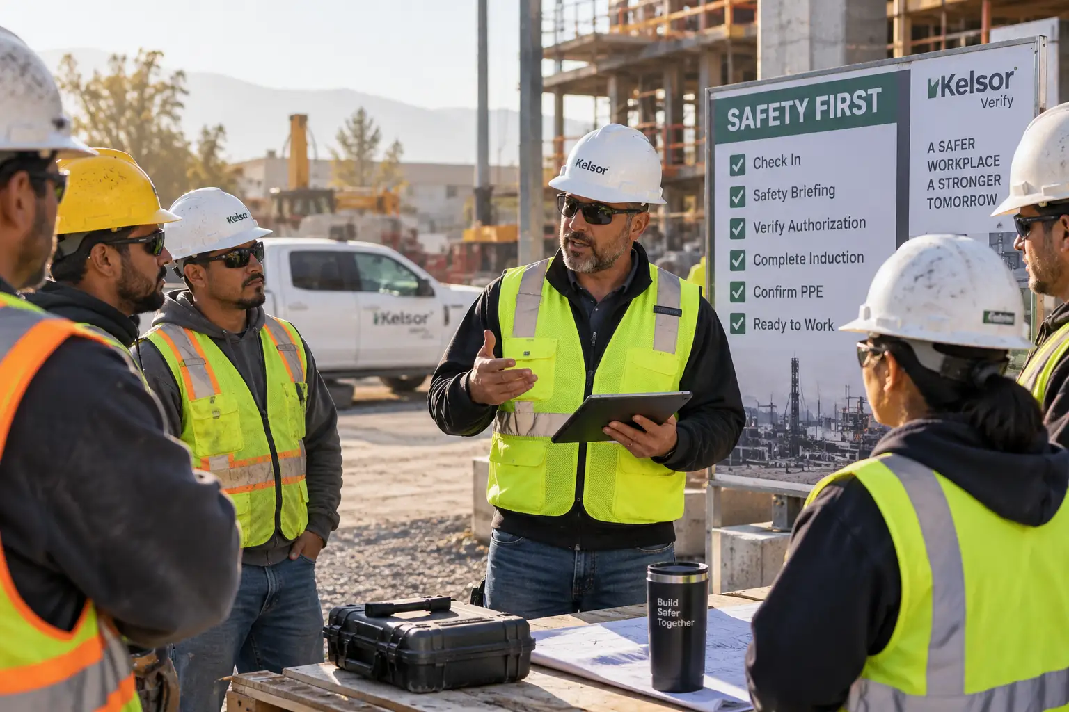Field workers completing a jobsite safety briefing before work